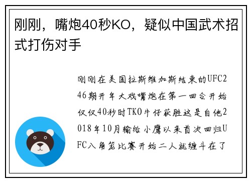 刚刚，嘴炮40秒KO，疑似中国武术招式打伤对手